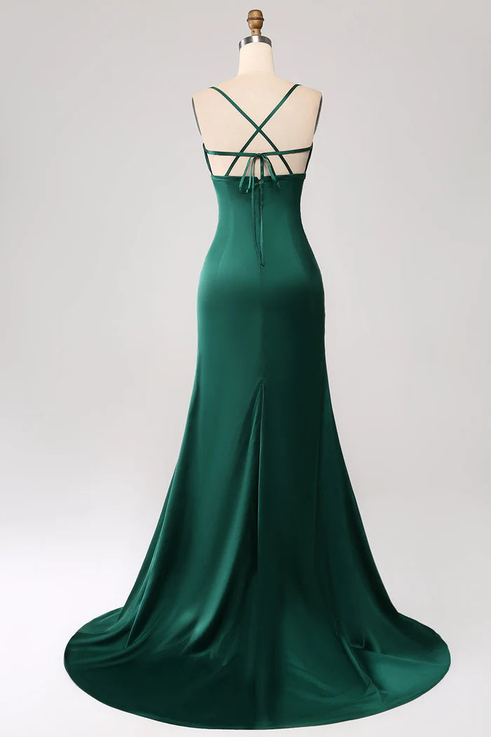 Weitese Dress Dark Green Mermaid Spaghetti Straps Satin Party Dress Maxi Dress With Pleated Prom Dress